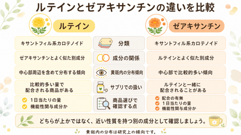 ルテインとゼアキサンチンを、分類、成分の関係、黄斑内での分布傾向、サプリでの扱い、商品選びで確認する点の5項目で左右比較した図。どちらか一方が優れているわけではないことも記載している。
