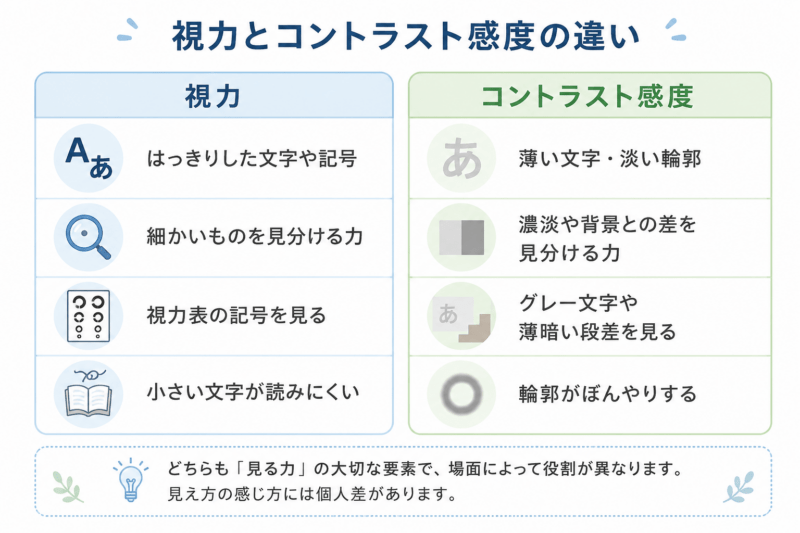 視力とコントラスト感度の違いについて、見るもの、分かること、日常での例、見えづらさの例を比較した表