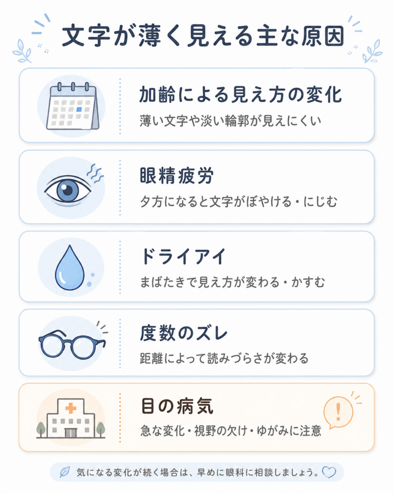 文字が薄く見える主な原因として、加齢による見え方の変化、眼精疲労、ドライアイ、度数のズレ、目の病気の可能性を整理した表