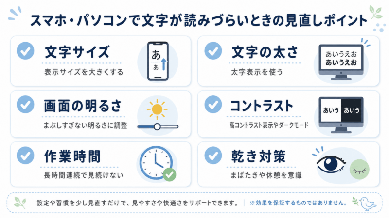 スマホやパソコンで文字が読みづらいときに、文字サイズ、文字の太さ、画面の明るさ、コントラスト、作業時間、乾き対策を見直すポイントをまとめた表