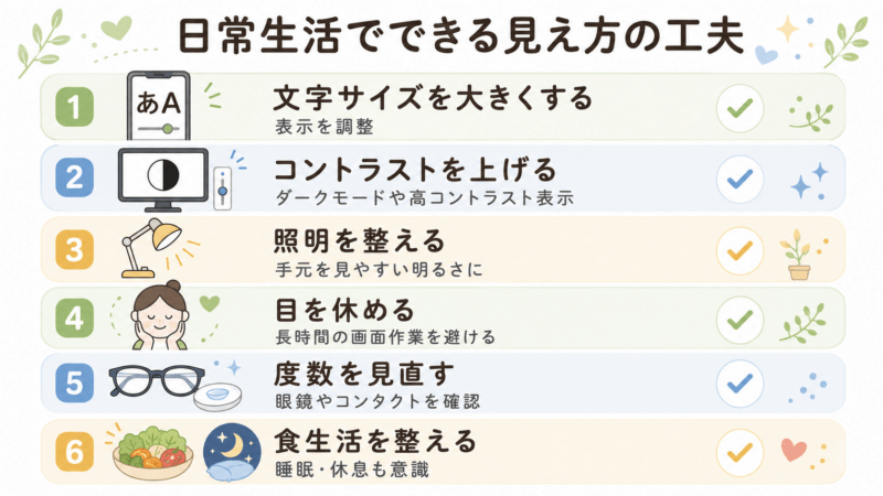 文字が薄く見える・読みづらいときに、文字サイズ、コントラスト、照明、目の休憩、眼鏡やコンタクト、食生活を見直す工夫をまとめた表