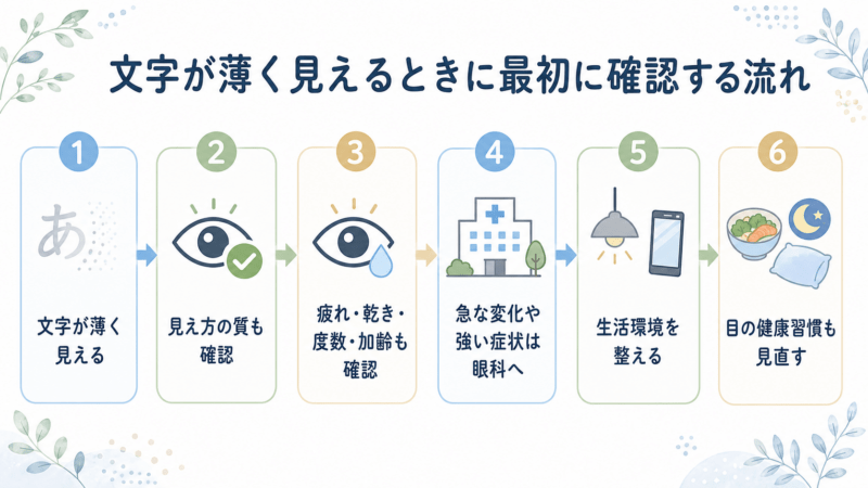 文字が薄く見えるときに、視力だけでなく見え方の質、疲れ、乾き、度数、加齢を確認し、急な変化や強い症状がある場合は眼科へ相談する流れを示した図