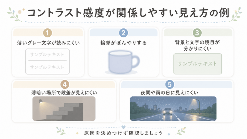 薄いグレー文字が読みにくい、輪郭がぼんやりする、背景と文字の境目が分かりにくいなど、コントラスト感度が関係しやすい見え方の例をまとめた図