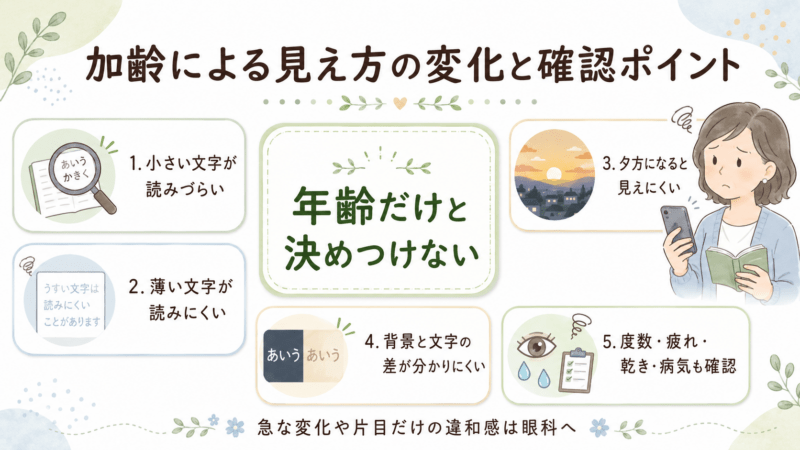 加齢による見え方の変化について、小さい文字や薄い文字の読みづらさ、夕方の見えにくさ、背景と文字の差の分かりにくさを整理し、年齢だけと決めつけないことを示した図