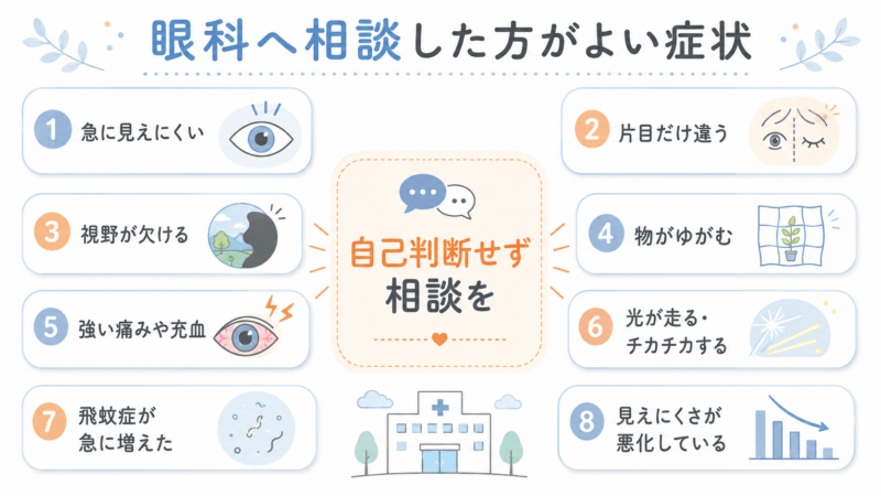 急に見えにくい、片目だけ違う、視野が欠ける、物がゆがむ、強い痛みや充血があるなど、眼科へ相談した方がよい症状を整理した図