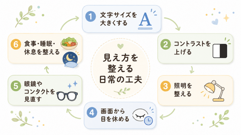 見え方を整える日常の工夫として、文字サイズ、コントラスト、照明、画面からの休憩、眼鏡やコンタクト、食事・睡眠・休息を整理した図