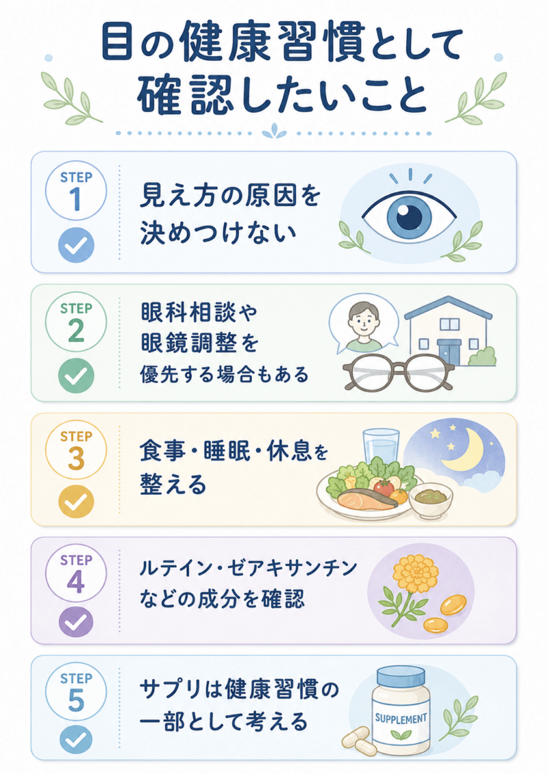 目の健康習慣として、見え方の原因を決めつけず、眼科相談や眼鏡調整、食事・睡眠・休息、ルテイン・ゼアキサンチンなどの成分確認、サプリの位置づけを整理した図