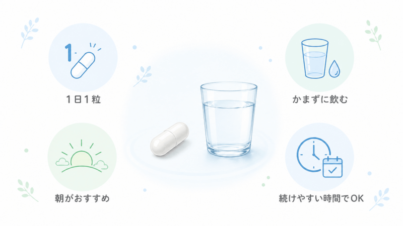 ロートV5アクトビジョンaは1日1粒を目安に、かまずに水などと飲むこと、朝がおすすめだが続けやすい時間でよいことをまとめた図
