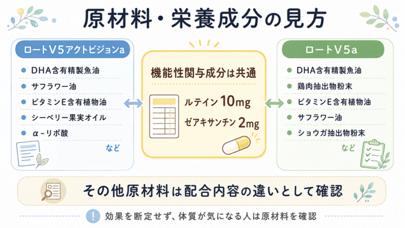 ロートV5アクトビジョンaとロートV5aはルテイン・ゼアキサンチンが共通で、その他の原材料や栄養成分表示に違いがあることを整理した図