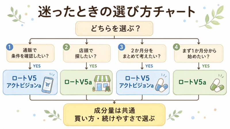ロートV5アクトビジョンaとロートV5aで迷ったときに、通販で買いたいか、店頭で探したいか、2か月分を考えるか、1か月分から始めたいかで選び方を整理するチャート