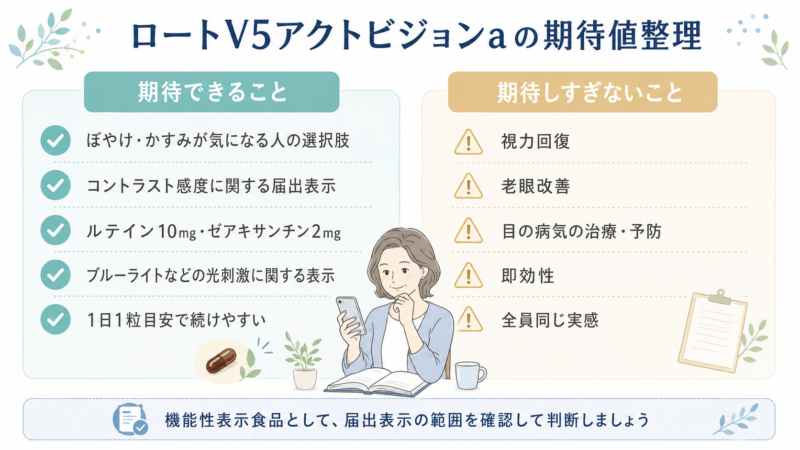 ロートV5アクトビジョンaで期待できることと、期待しすぎない方がよいことを比較した図