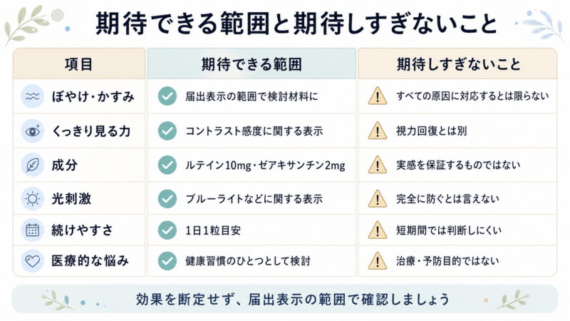 ロートV5アクトビジョンaで期待できる範囲と期待しすぎないことを項目別に比較した図解