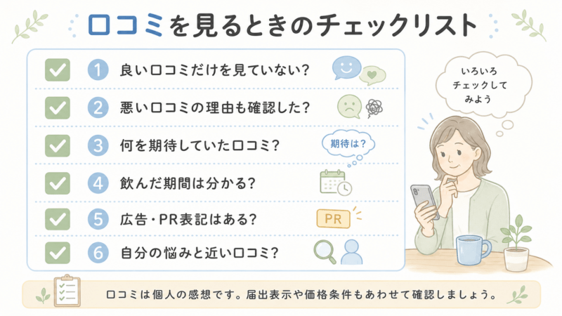 ロートV5アクトビジョンaの口コミを見るときに確認したい項目をまとめたチェックリスト図
