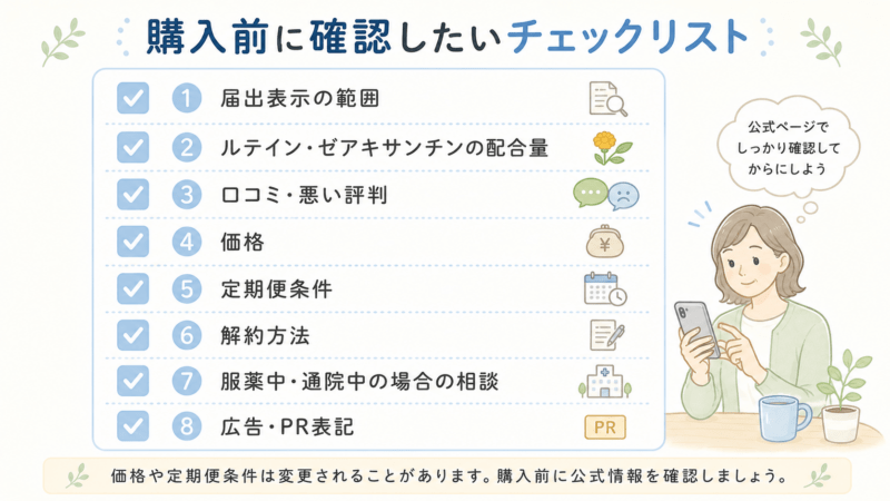ロートV5アクトビジョンaを購入する前に確認したい届出表示、成分、口コミ、価格、定期便条件などのチェックリスト図