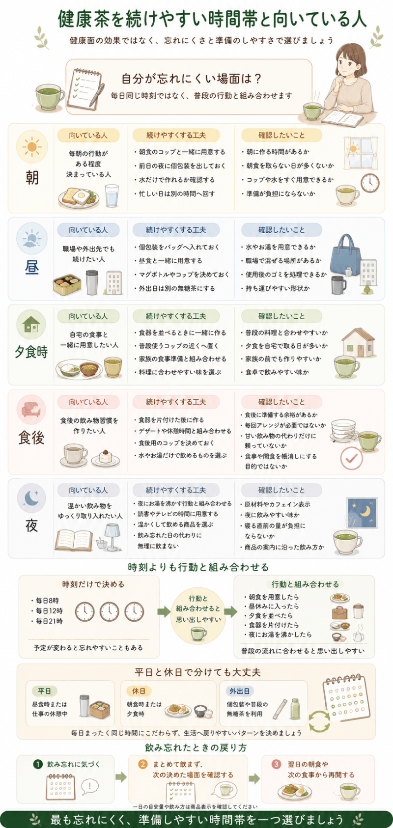 健康茶を飲む時間帯を朝、昼、夕食時、食後、夜に分け、それぞれ続けやすい人と準備時の確認点を示した図