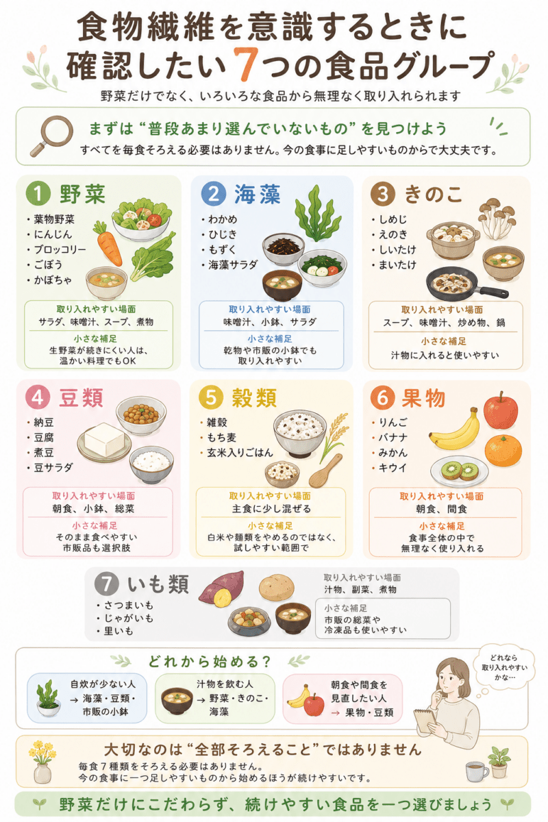 食物繊維を意識するときの食品を、野菜、海藻、きのこ、豆類、穀類、果物、いも類の7グループに分けた図