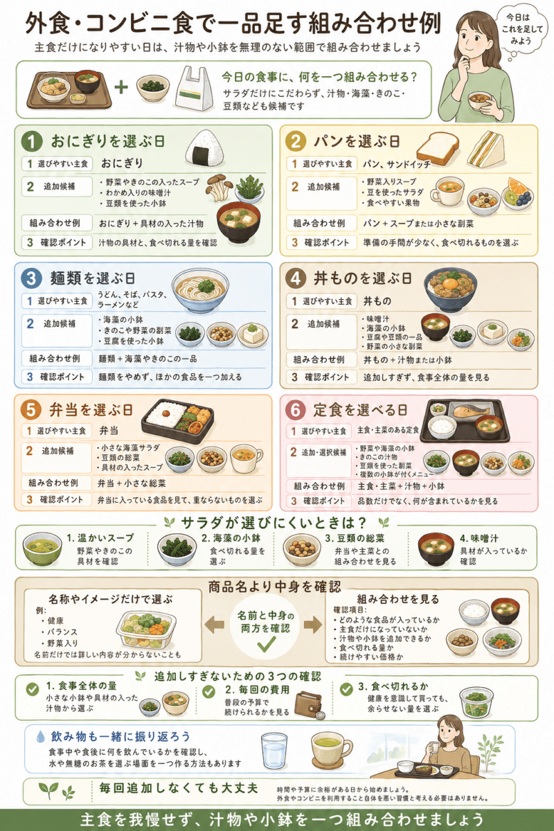 おにぎり、パン、麺類、丼もの、弁当、定食に、汁物や海藻・豆類の小鉢を無理なく追加する組み合わせ例を示した図