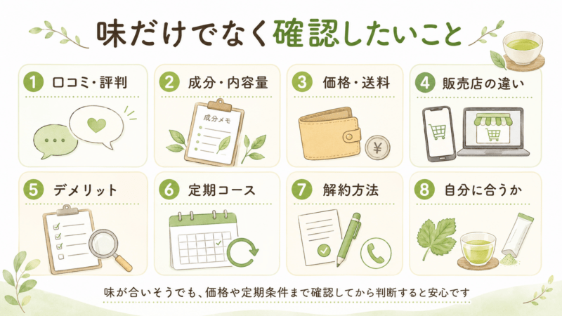 糖煎坊を購入する前に確認したい味や口コミ、価格、定期コース、解約方法を整理した図