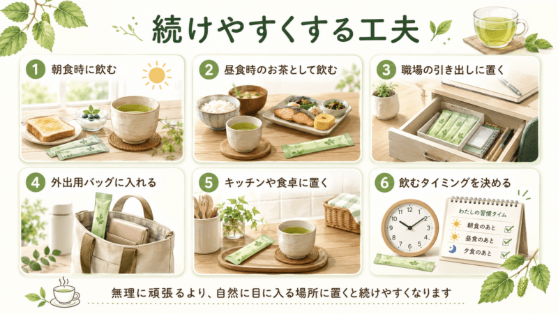糖煎坊を毎日続けやすくする飲むタイミングや置き場所の工夫を整理した図