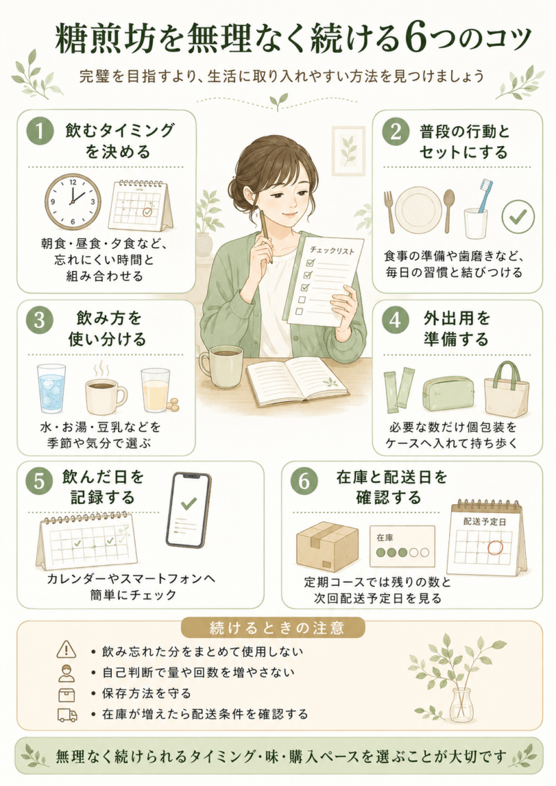 糖煎坊を続けるために、飲む時間の固定、飲み方の工夫、記録、在庫と配送日の確認を行うポイント
