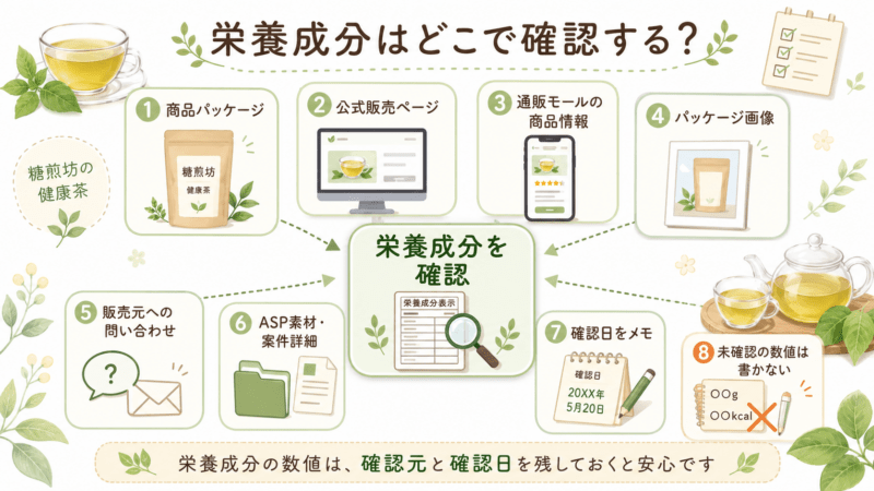 糖煎坊の栄養成分を商品パッケージ、公式販売ページ、通販モールの商品情報、販売元への問い合わせで確認する場所を整理した図