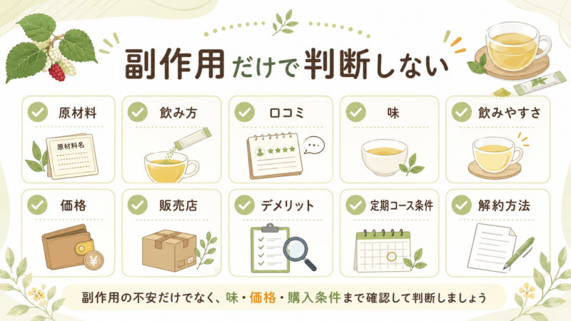 糖煎坊を副作用だけで判断せず、原材料、飲み方、口コミ、味、価格、販売店、デメリット、解約方法を確認する総合判断図